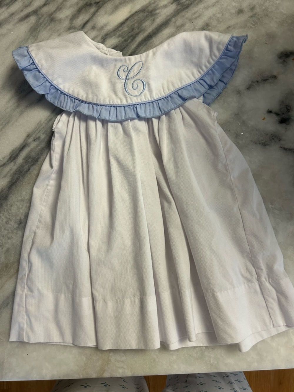 Cecil and Lou white Baby Dress with Light Blue Ruffle Collar and ‘C’ Monogram